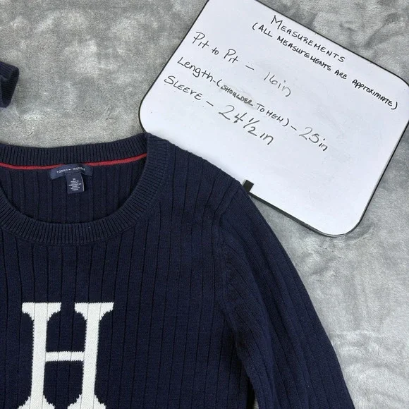 Tommy Hilfiger Womens Ribbed Knit Crewneck Sweater‎ Logo Cotton Pullover Medium - Picture 7 of 11